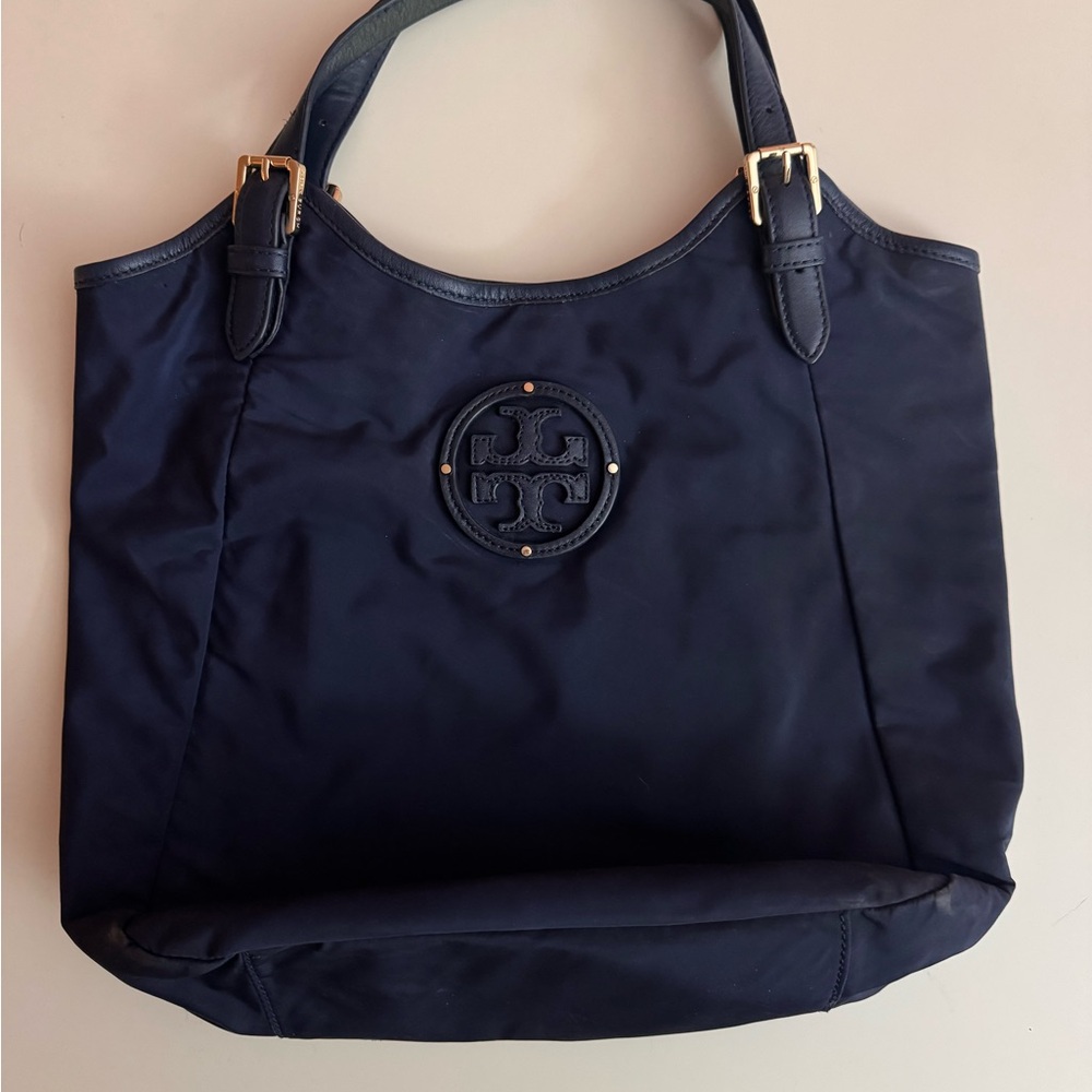 Tory Burch Blue Nylon Medium Tote Bag w/Magnetic Snap Closure and Leather Trim